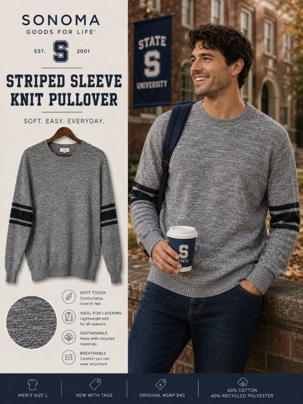 Sonoma Soft Touch Gray Knit Pullover Sweater Men’s L Collegiate Casual Layer